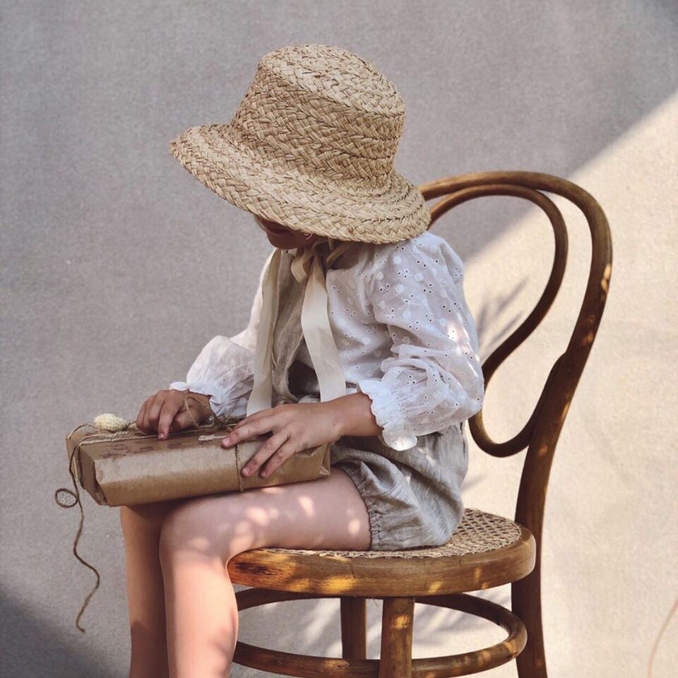 Hand-made Raffia Straw Hat For Kids Retro Flat Top Fold Down Brim Children's straw hat Boys Girls Travel Vacation Raffia Sun Hat