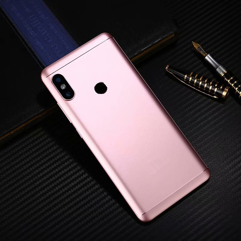 Carcasa Original para Xiaomi Redmi Note 5 / Note5 Pro, cubierta de batería de Metal para reparación, reemplazo de la carcasa trasera de la puerta trasera + logotipo de la Cámara de botón: Rosa
