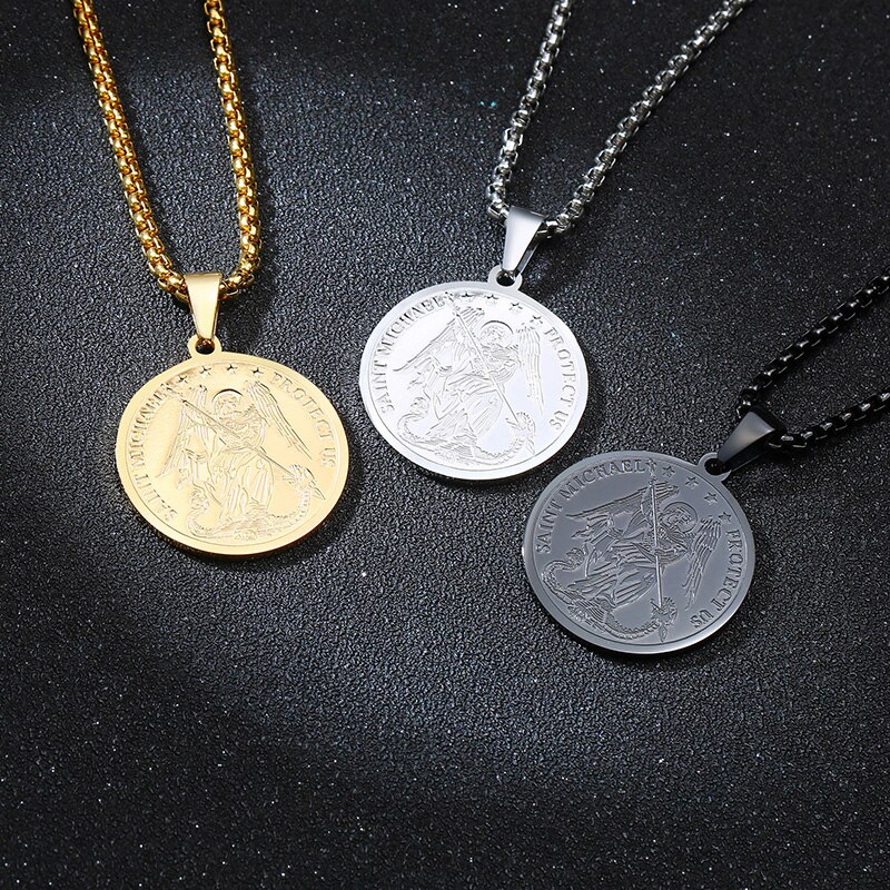 DEFEND US IN BATTLE SAINT MICHAEL MEDAL INSPIRATIONAL PENDANT FOR MEN STAINLESS STEEL SAINT MICHAEL PROTECT US NEKLACE 24INCH