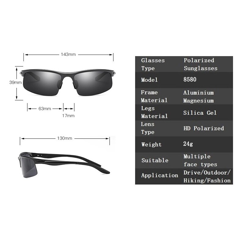 YSO Sunglasses Men Polarized UV400 Aluminium Magnesium Frame HD Sun Glasses Driving Glasses Semi Rimless Accessory For Men 8580