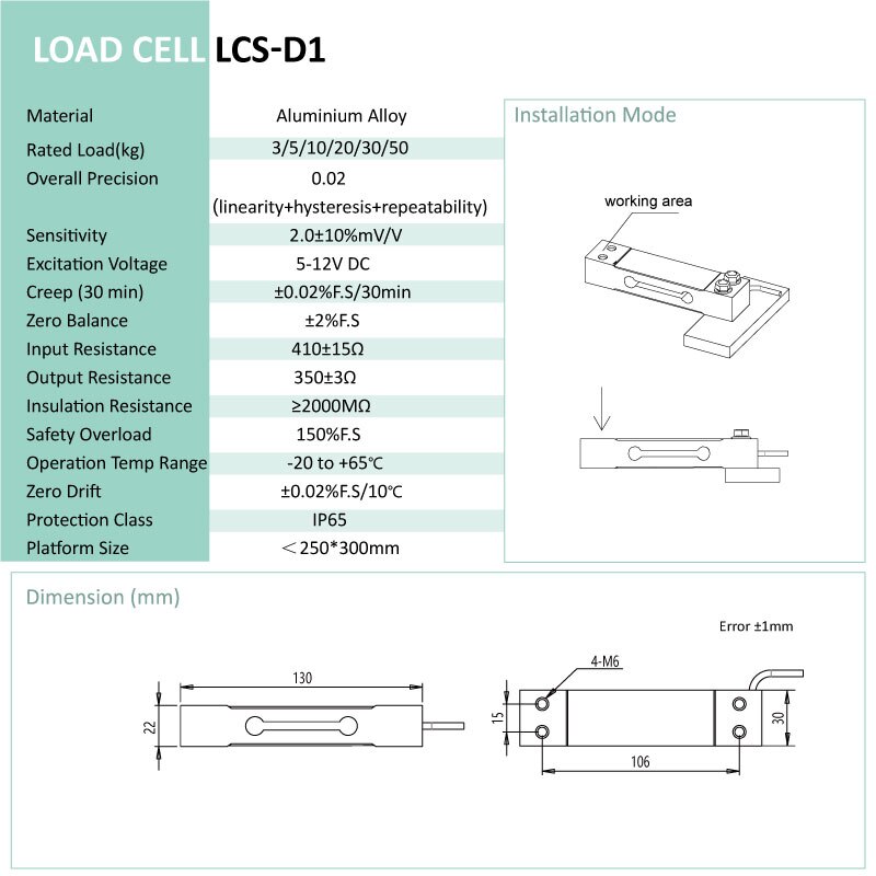 Load cell/sensor LCS-D1 (3/5/10/20/30/50kg)