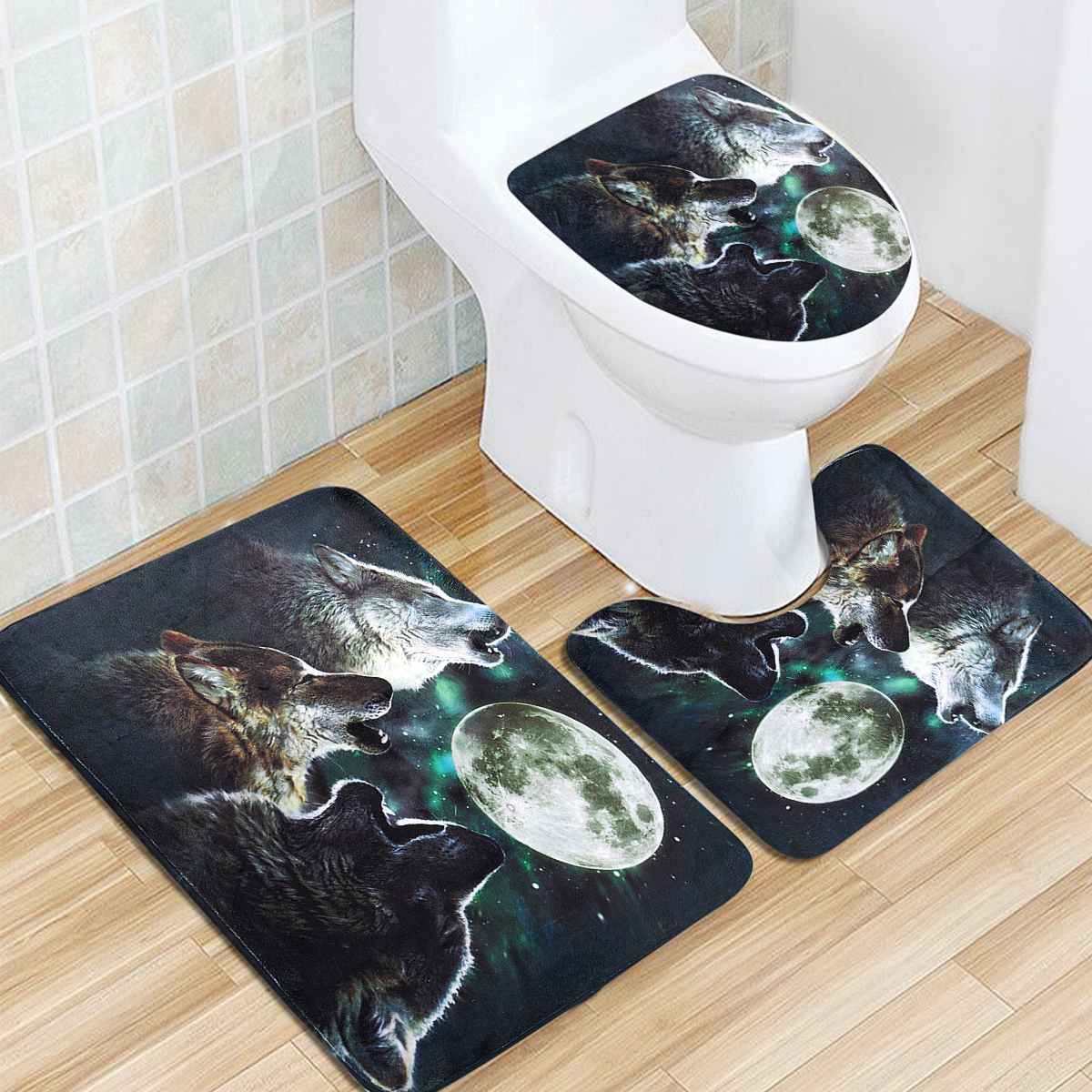 180x180cm 1 Pc/3 pièces/4 pièces blanc loup attrapeur de rêves yeux de loup avec 12 crochets salle de bain rideau de douche tapis de toilette couvercle tapis ensembles de rideaux: Wolves 3Pcs