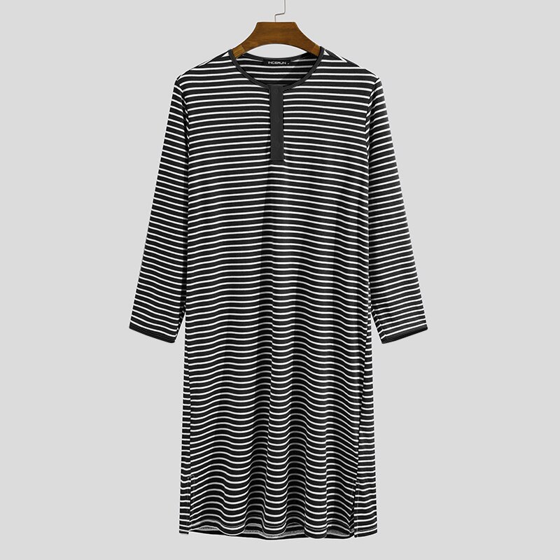 INCERUN Men Homewear Nightclothes Men Striped Sleep Tops Long Sleeve Round Neck Loose Nightgrown Casual Comfortable Sleepwear: Black / S