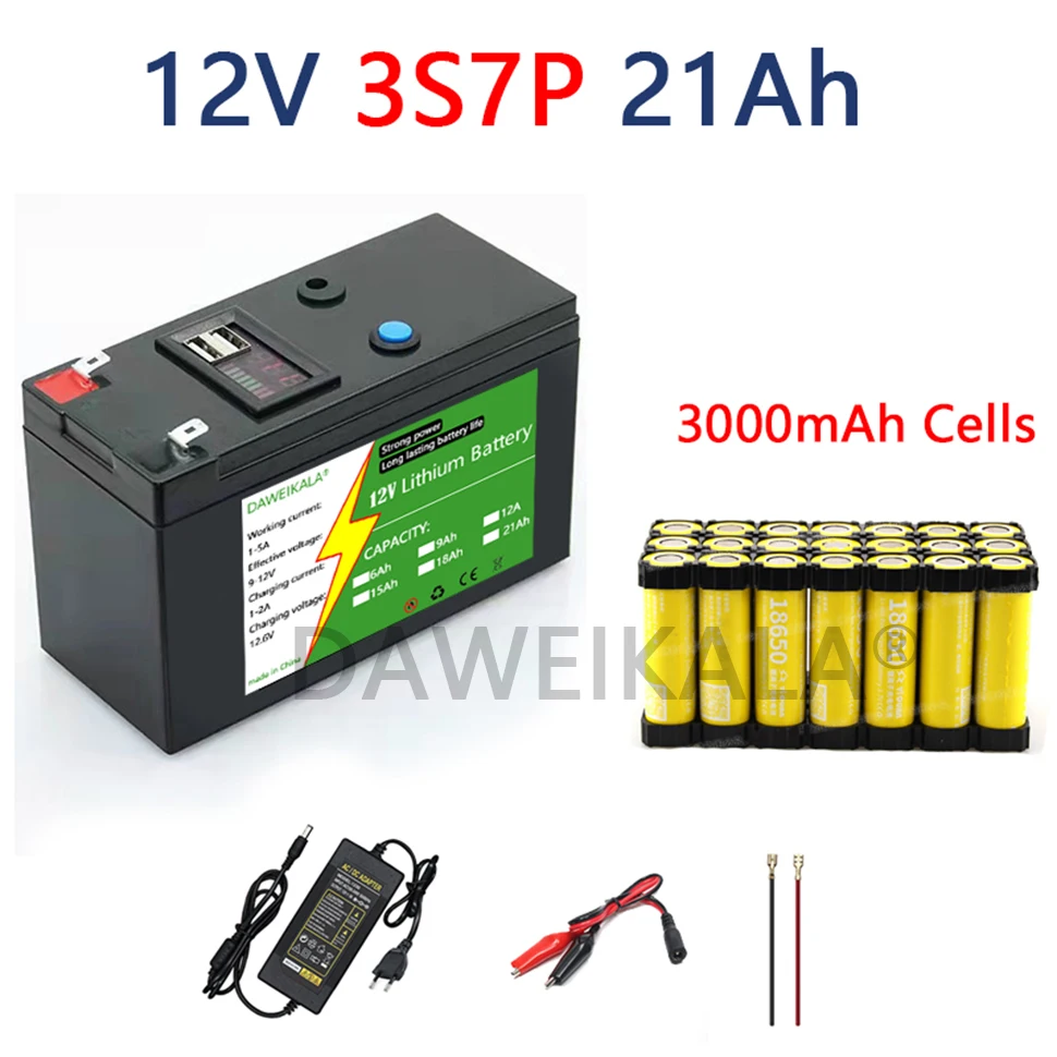 12V 21Ah 18650 Lithium Battery Pack 3S7P Rechargeable Battery for Solar Energy Electric Vehicle Battery 12.6v 3A Charger: Orange