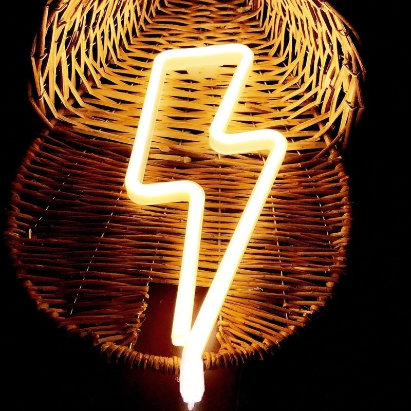 Señal de LED neón con forma de rayo, luz nocturna decorativa para mesa, USB funciona con pilas, para en casa, decoración de sala de estar,