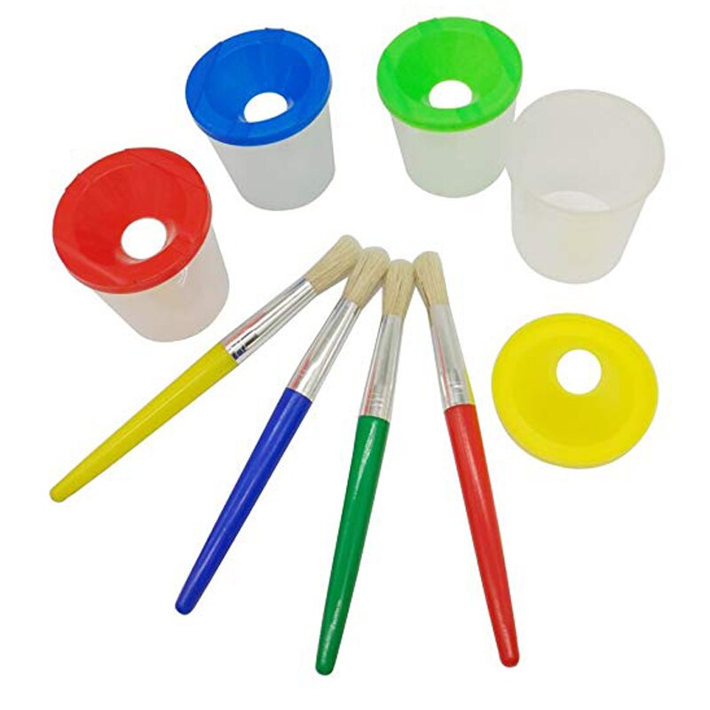 Tazas de pintura sin derrames para niños con tapas de colores conjunto de brochas redondas grandes con mangos de plástico tazas de pintura a prueba de derrames pintura pinceles