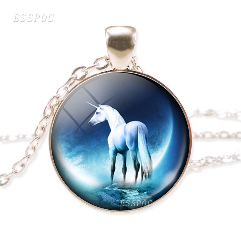 NPKDS di Modo Nuovo Collana In Lega di Zinco di Vetro Del Pendente Rotondo. Unicorn Tempo Gioiello Della Catena Del Maglione Preferito Regalo Di Compleanno: White cliff unicorn