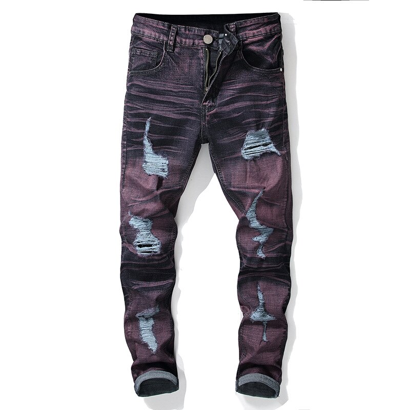 À la déchiré violet jean hommes coupe étroite serré cheville moteur Biker jean hommes pantalon Punk Rock trou couleur contraste jean hommes