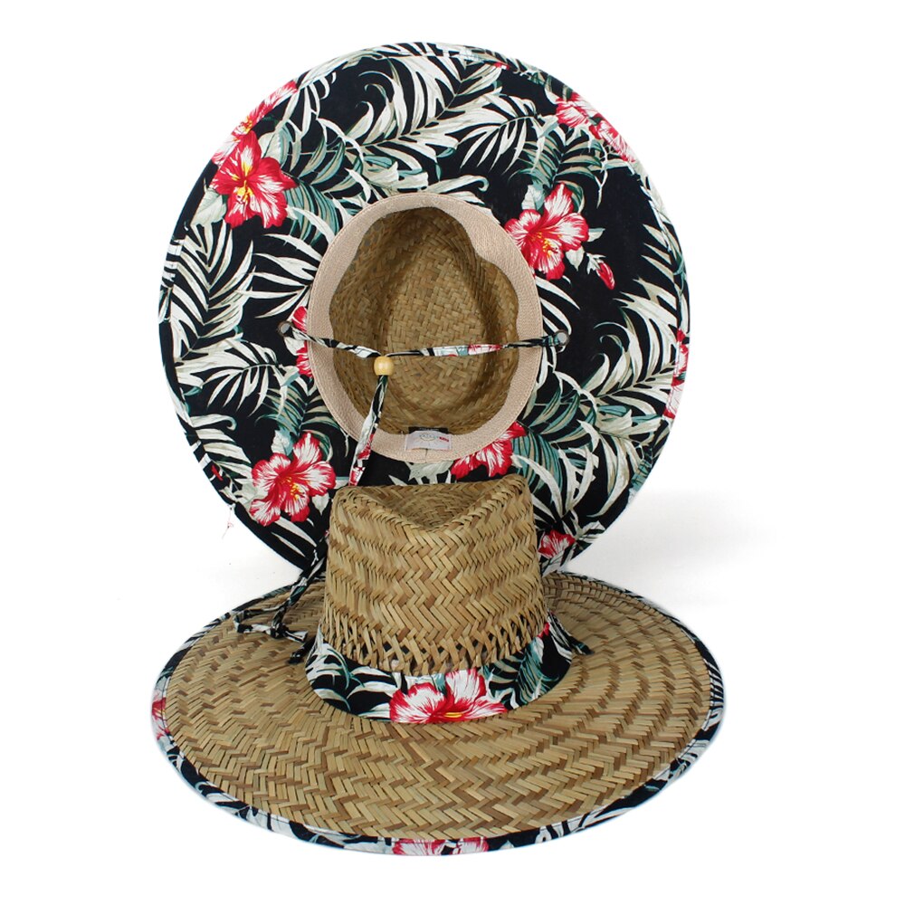 Summer Women Lifeguard Hat 100% Natural Straw Weave Lady Beach Sun Hat Outdoor Bohemia Wide Brim Fedora Panama Hat Size 58-59CM: Black