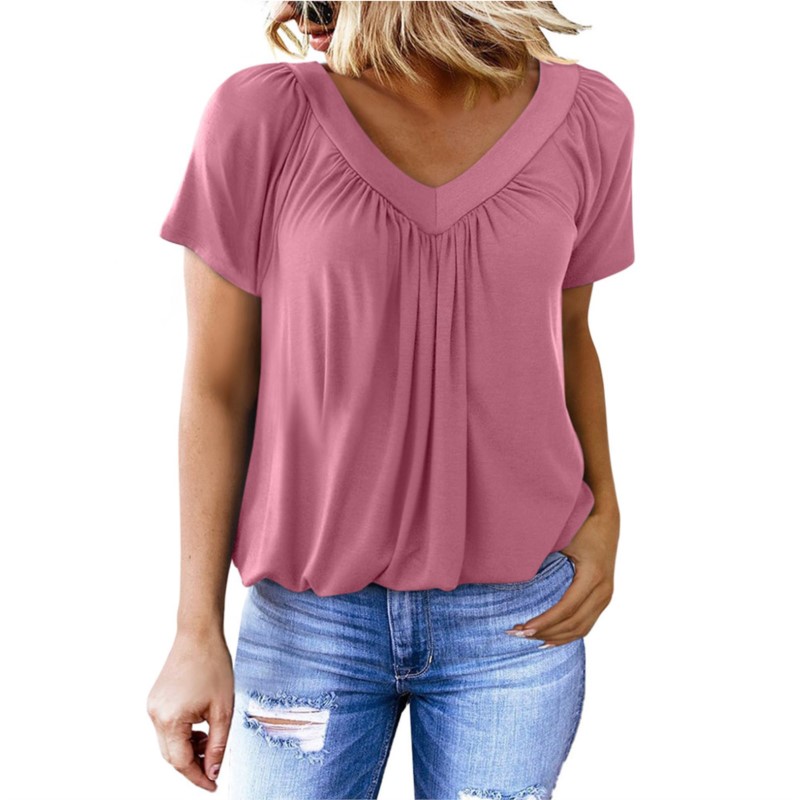 Summer TK Women's V-neck Folded Loose Short Sleeve Solid Color T-shirt Women's Top Comfortable, Casual and Versatile