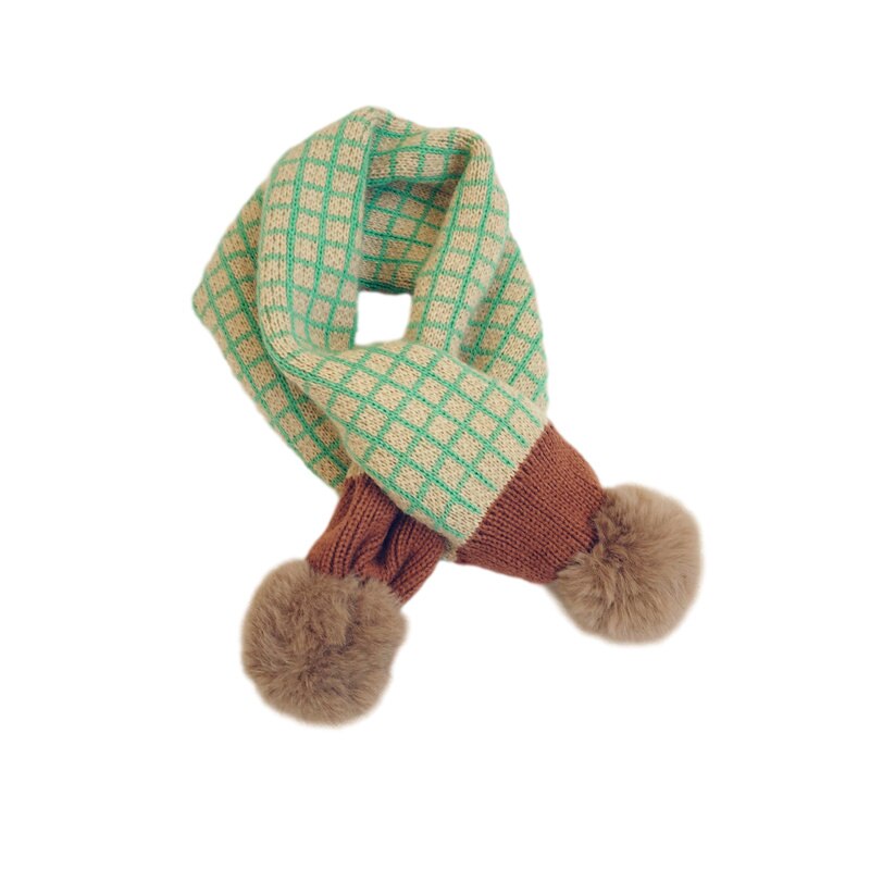 Écharpe tricotée à pompon en fausse fourrure pour enfants, écharpe d&#39;hiver à carreaux pour garçons et filles, cache-cou, accessoires pour bébés: G