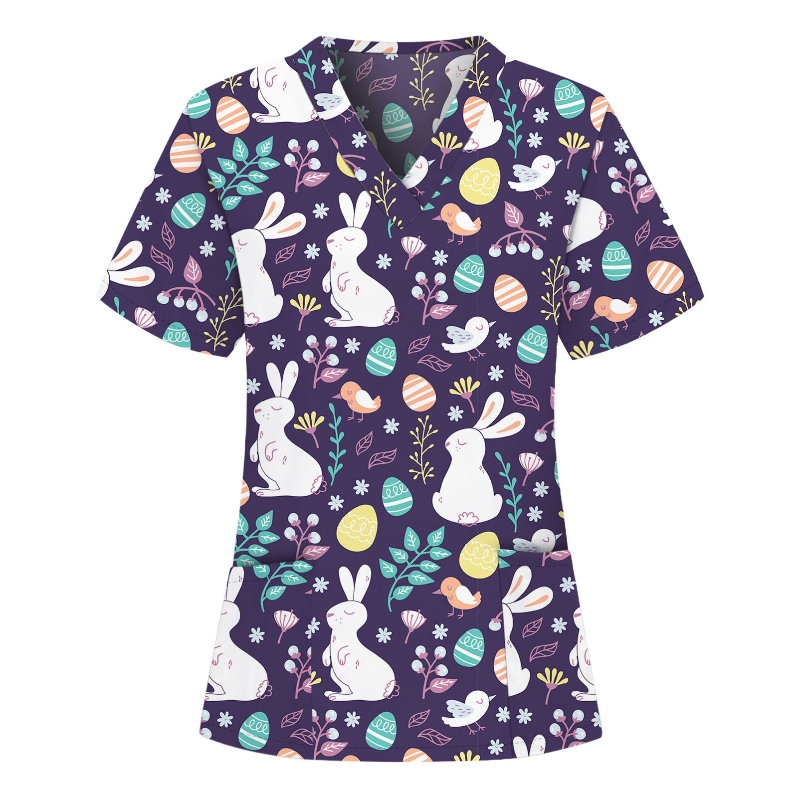 Femmes Clinique Blouse À Manches Courtes V-Cou Blouse Fleur Imprimé Travail Uniforme Blouse Salopette Vêtements Décontractés: VIOLET / XL