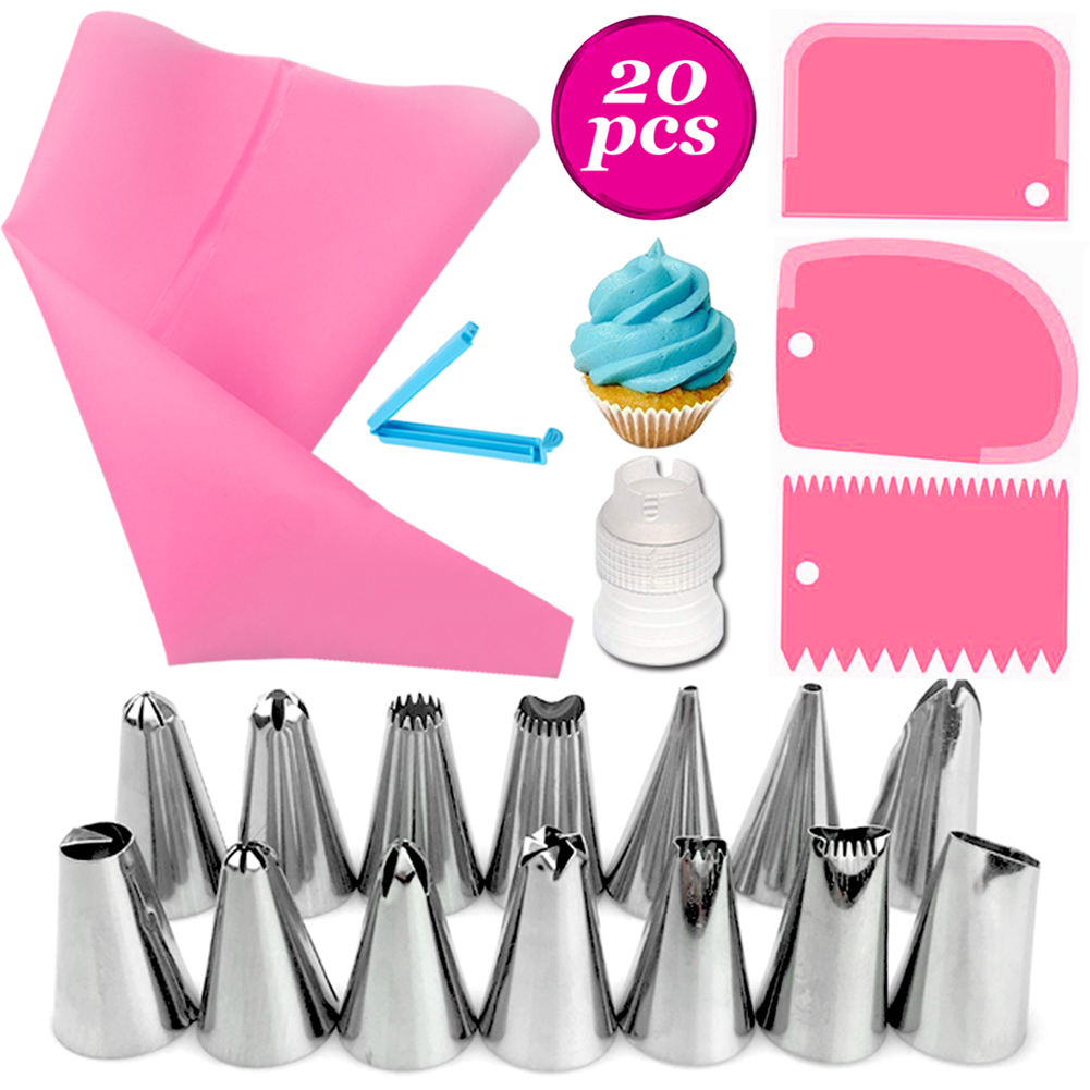 14pcs Cake Decorating Kit Supplies With Stainless Steel Piping Nozzle Tips Pastry Bag Clip Icing Smoother Spatulas Coupler