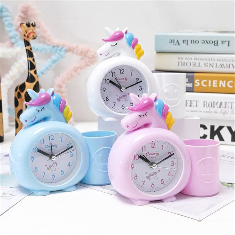Eenhoorn Kids Wekker Leuke Bureau Klok Met Pennenhouder Brush Pot Home Decoratie Будильник Kids Brithday