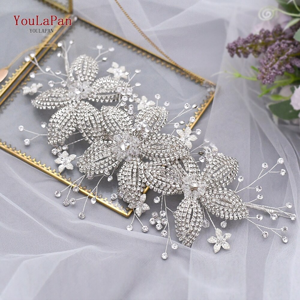 Topqueen ouro casamento liga flor bandana nupcial headpiece strass casamento enfeites de cabelo tiara para as mulheres hp252