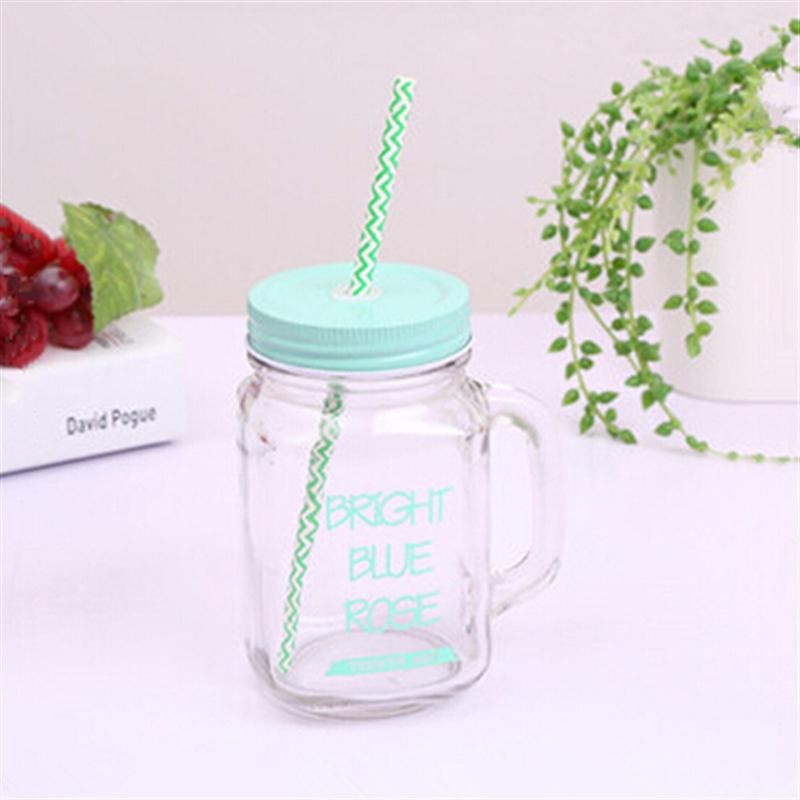Bouteille transparente en verre, pour jus de fruits, jus de fruits et boissons fraîches, contenant en paille pour le Sport, bocal à maçon et citron, avec couvercle: Vert clair