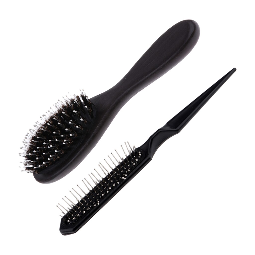 Cepillo de pelo negro desenredar con mango de madera, peine acolchado con cola de rata para extensiones de cabello Natural, 2 unidades