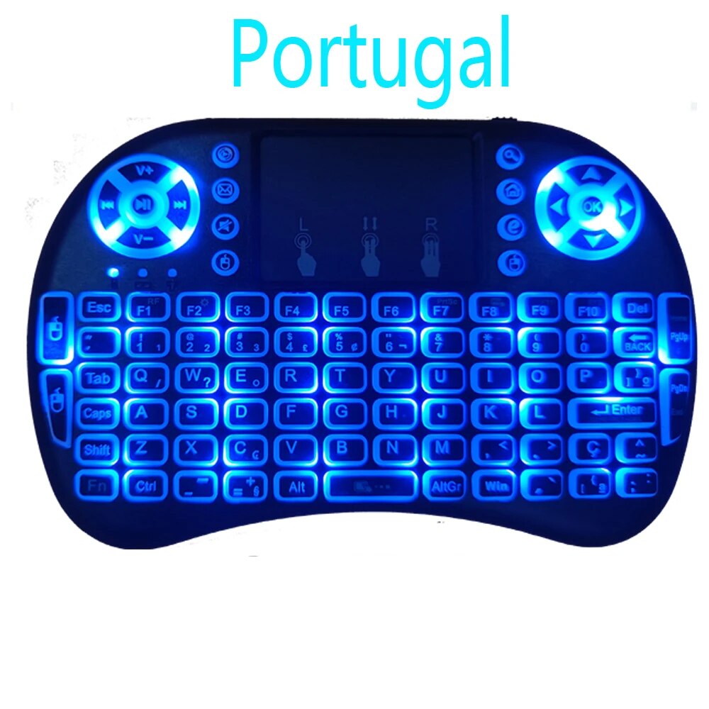 Retroiluminación inglés ruso francés español Portugal Fly Air Mouse 2,4G panel táctil para Android TV Box PC I8 Mini teclado inalámbrico: Estaño / Interruptor azul