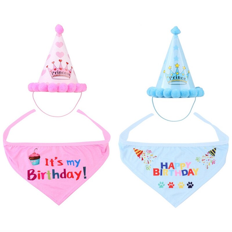 Gelukkige Verjaardag Party Hond Puppy Speeksel Handdoek Huisdier Bib Sjaal Kraag Hoed Set