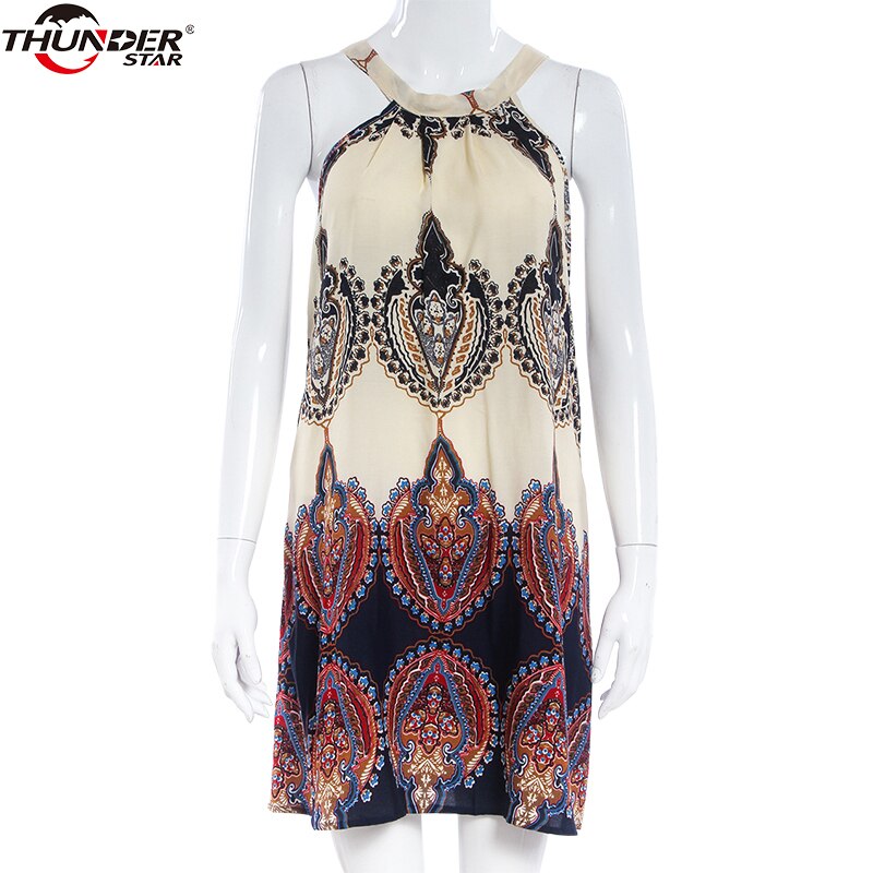 Verano Halter Mini vestido de mujer suelto sin mangas fuera del hombro Vestidos cortos verano Vestido de playa Boho vestido de mujer