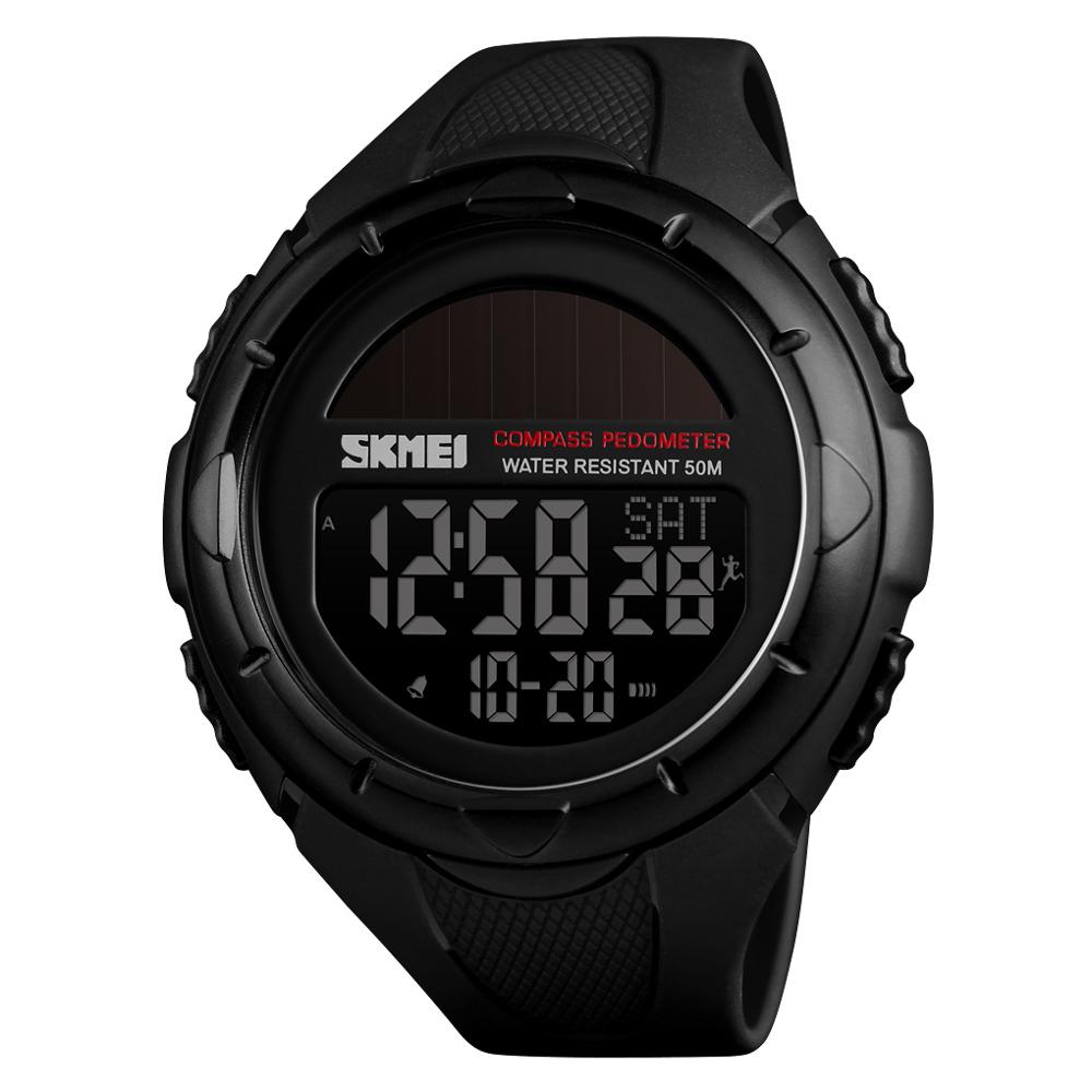 Skmei solenergi menn digital elektronisk kompass klokker 50m vanntette skritteller sport verdenstid kalorier el lette mannlige armbåndsur: Svart
