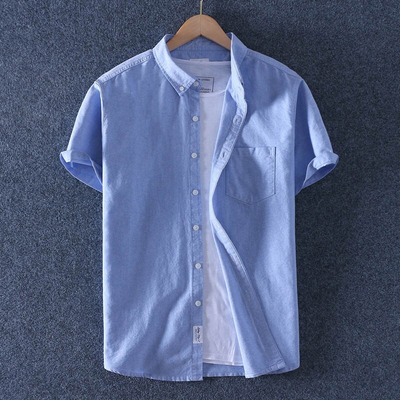 Schinteon Mannen Zomer Oxford Korte Mouwen Casual Slim Shirt 100% Katoenen Shirts Turn-Down Kraag: Blue / S(Asian Size)