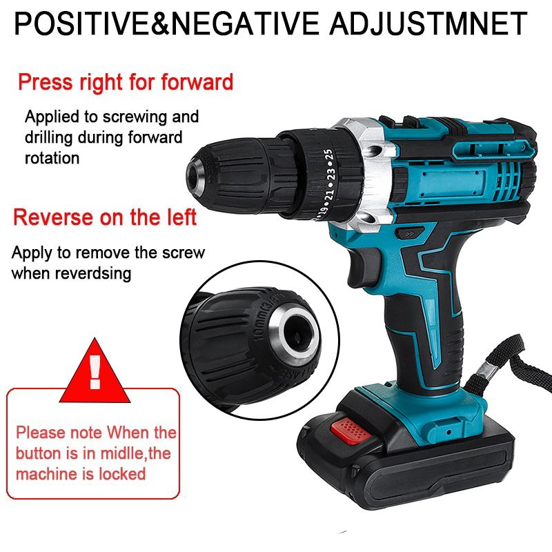 48V Cordless Impact Drill Electric Screwdriver Hammer Drill 25+3 Turque Power Screw Driver Tools with 2 Li-ion Battery