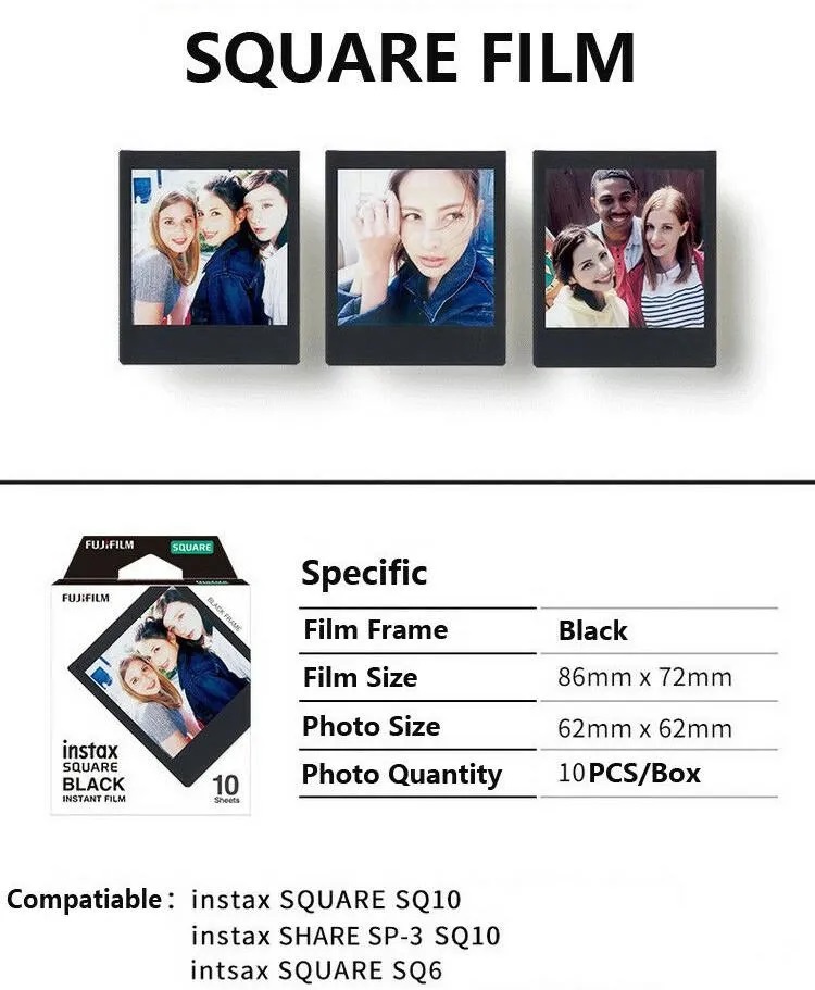 Fujifilm Instax Mini Film carré papier Photo bord noir/blanc 10-50 feuilles pour caméra Instax SQ10 SQ6 SQ20 partager imprimante SP-3