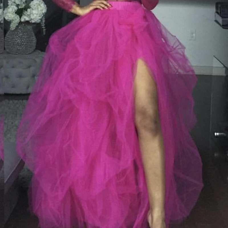Dame tyll maxiskjørt gulvlangt lagdelt høy midje splittskjørt a-linje puffy netting tutuskjørt til dame bryllupsfest: Fuchsia