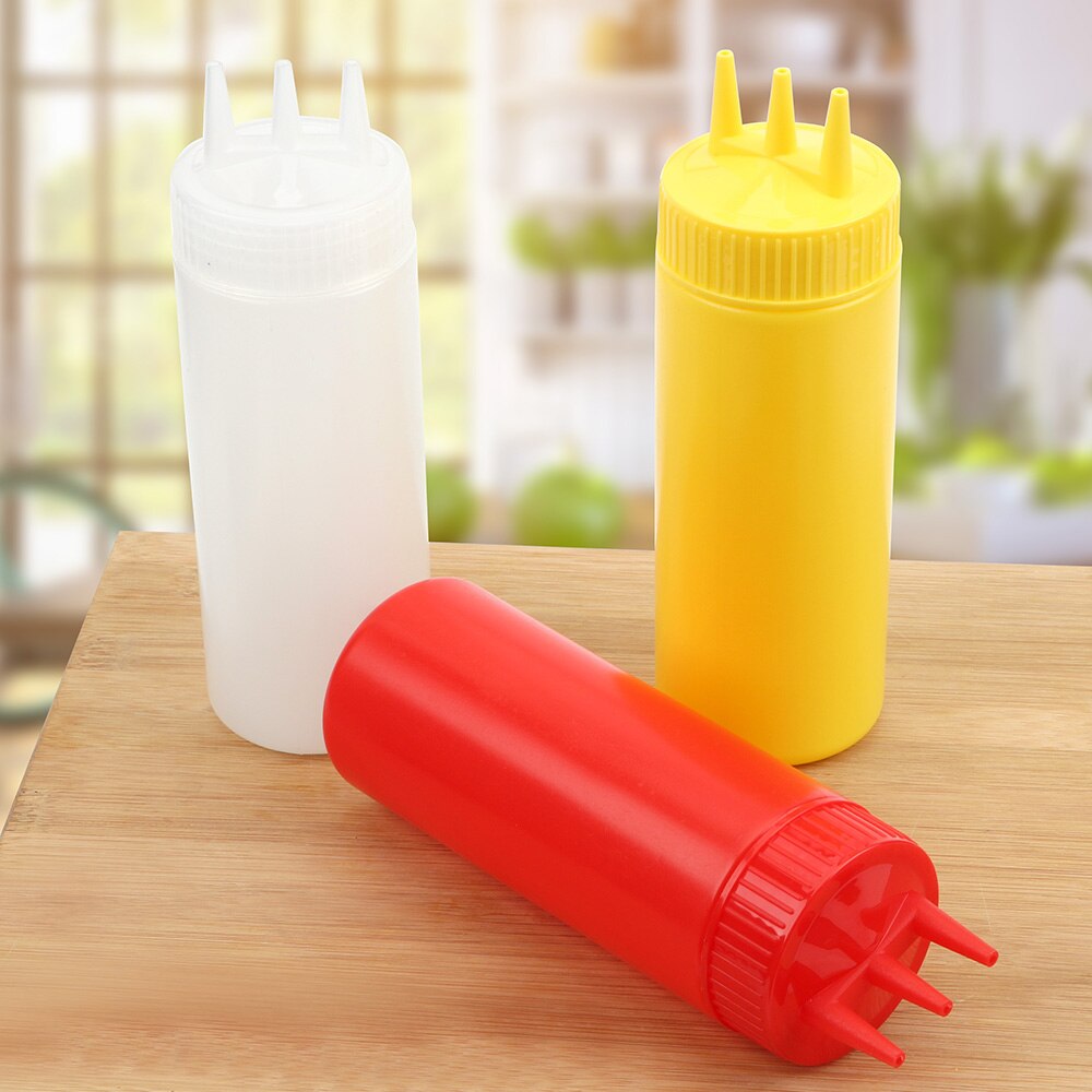 3 agujeros 350ml giro tapa botella de apretón botella de plástico de alimentaria Ketchup mostaza Mayo salsas botellas de aceite de oliva utensilios de cocina