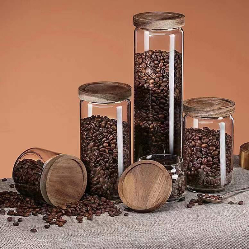 Wood Lid Glass Airtight Canister Food Container Tea Coffee Beans Kitchen Storage Bottles Jar Sealed Grounds Candy Jars Organizer