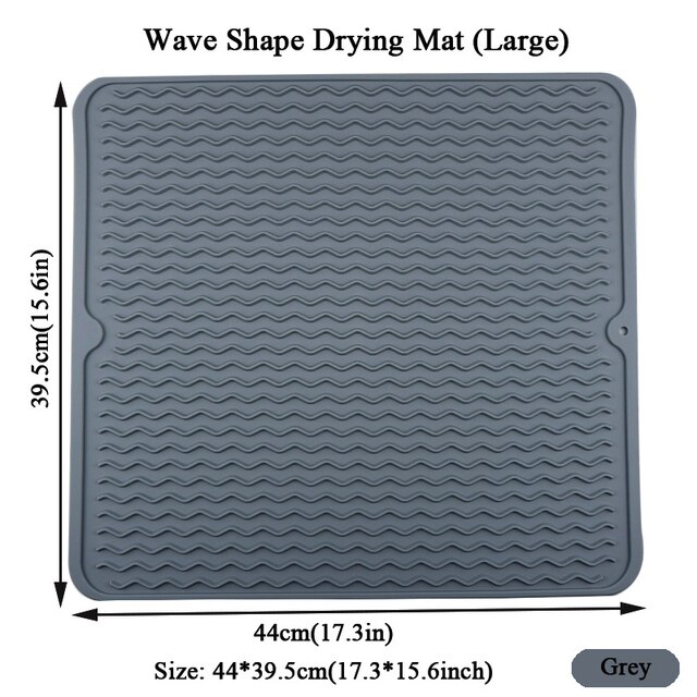 EPASUN 51x41cm Large Kitchen Dish Drying Mat Water Filter Silicone Drain Cushion Pad Countertop Fast Drying Mat Dishes Placemat: Wave Large Grey