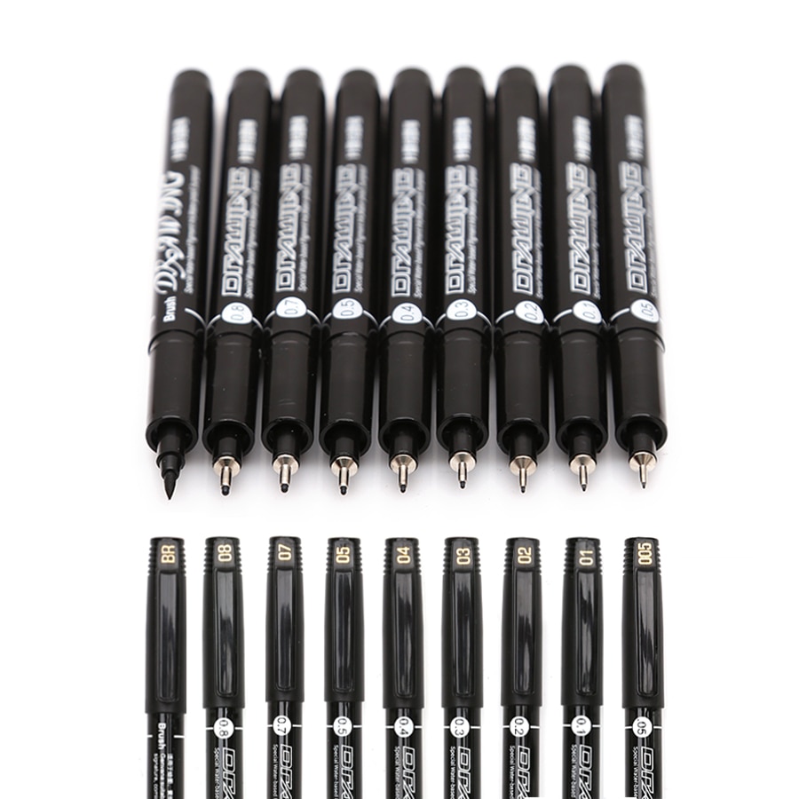 Conozca el juego de 9 rotuladores pigmentados negros resistentes al agua con aguja, rotulador pigma micron resistente al sol para bocetos y arte con gancho.