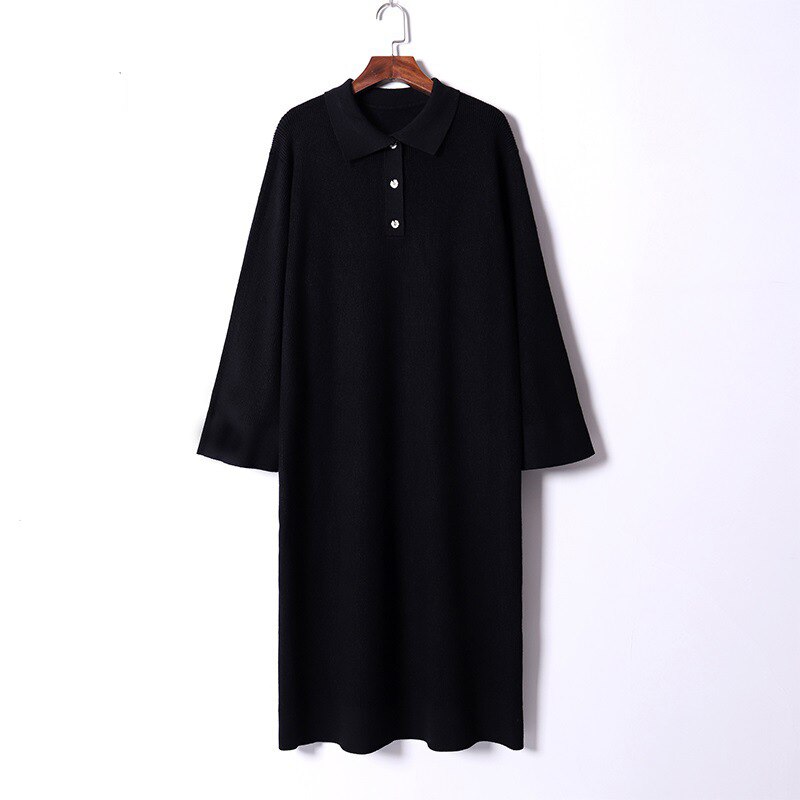 HLBCBG Vestido largo de gran tamaño de punto de las mujeres Maxi recto grueso cálido Turn-Down Collar suéter vestido Otoño Invierno botón vestido de: Black