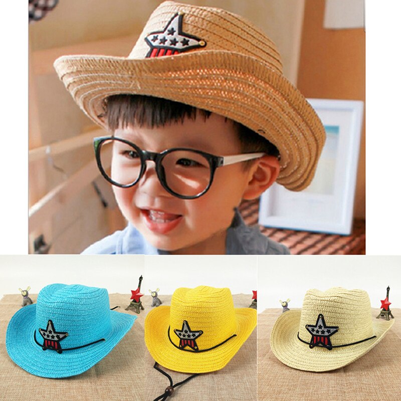 Children's Outdoor Cowboy Hat Summer Straw Hat Boys And Girls Five-pointed Star Patch Sun Hat Cute Children's Beach Visor Hat