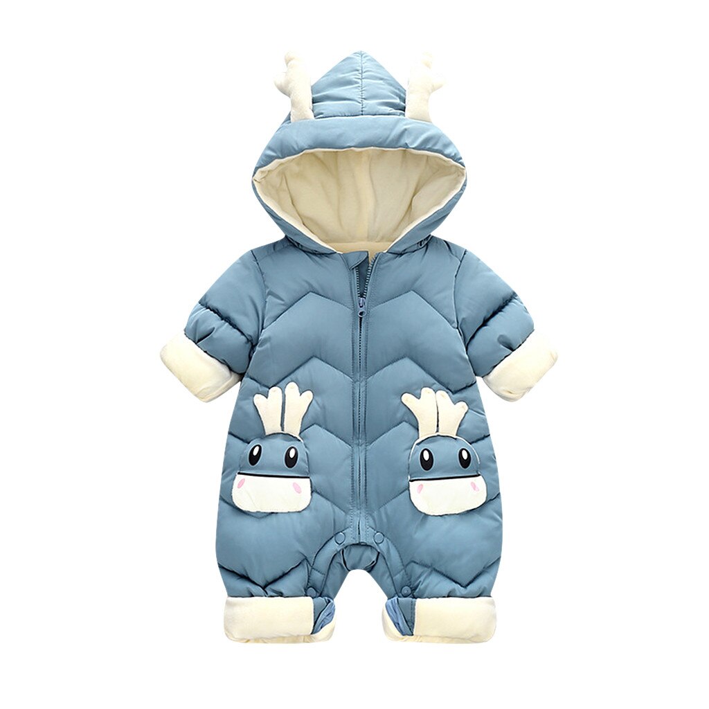 Cartoon cerf bébé fille hiver manteau épais vêtements à capuche bébé garçons veste -né combinaison barboteuse vêtements coupe-vent: Blue  / 12-18 Months