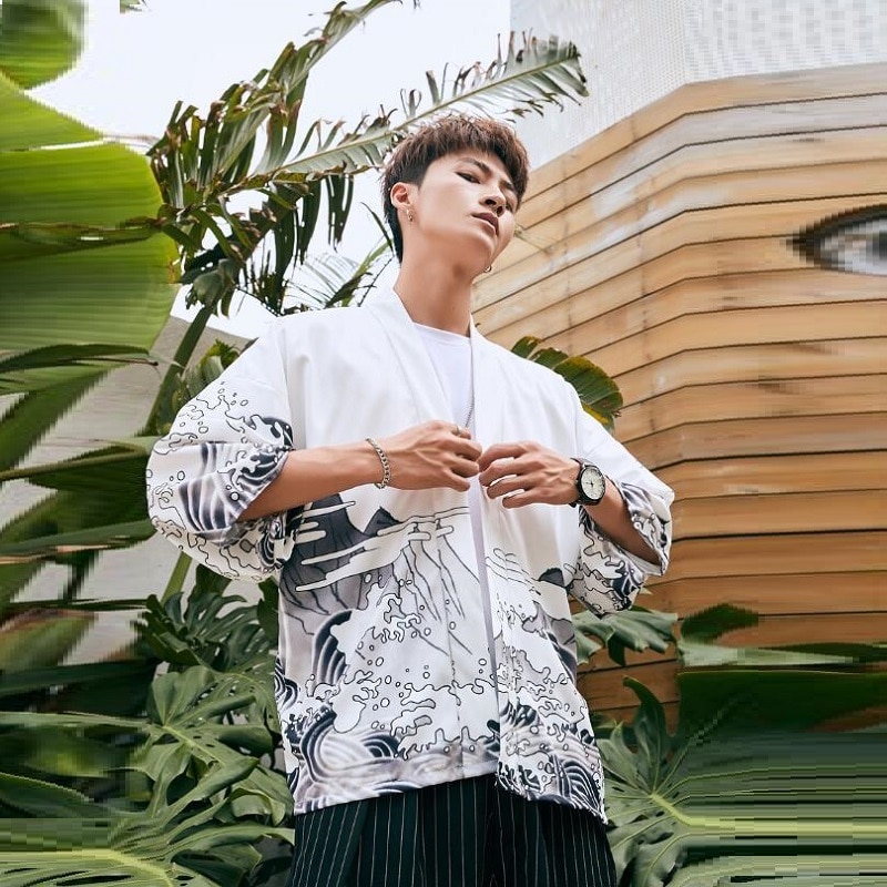 Kimono Men Japanese Kimono Traditional male kimono cardigan men harajuku streetwear samurai costume yukata male haori obi FF2825