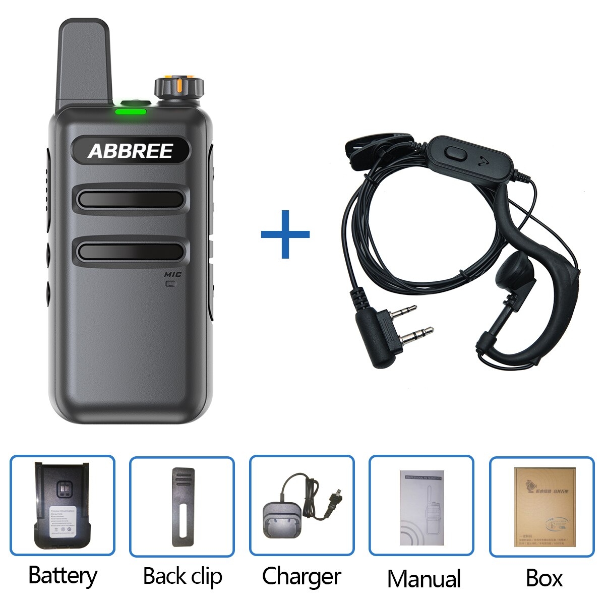 ABBREE AR-F19 Scanner Frequency Walkie-talkie Automatic Wireless Copy Frequency Powerful support USB Charging Radio for BF-888S: add headsets