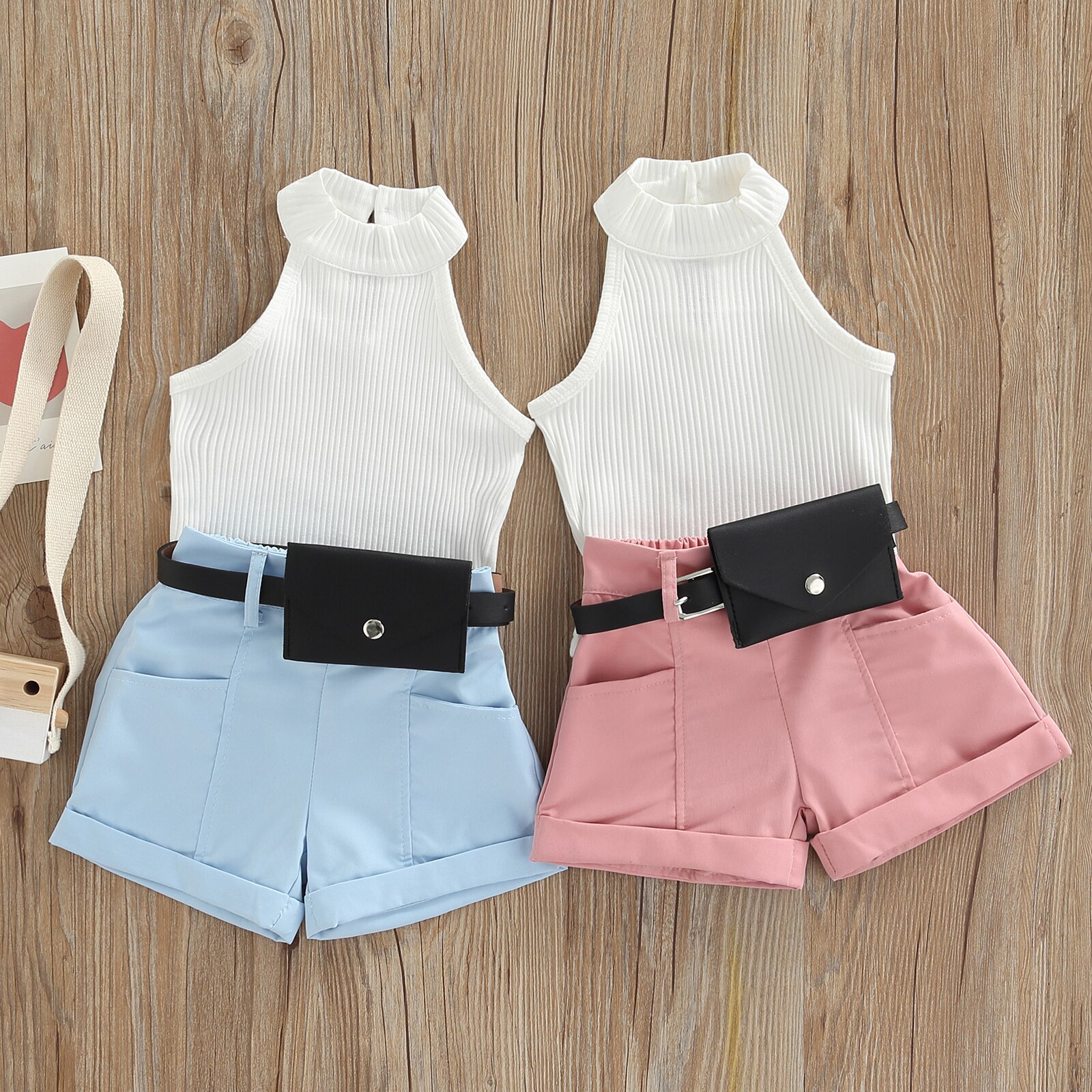 Toddler Girls Clothing set 2022 Summer Fashion tinta unita senza maniche a costine Top Shorts marsupio Outfit abito per bambini