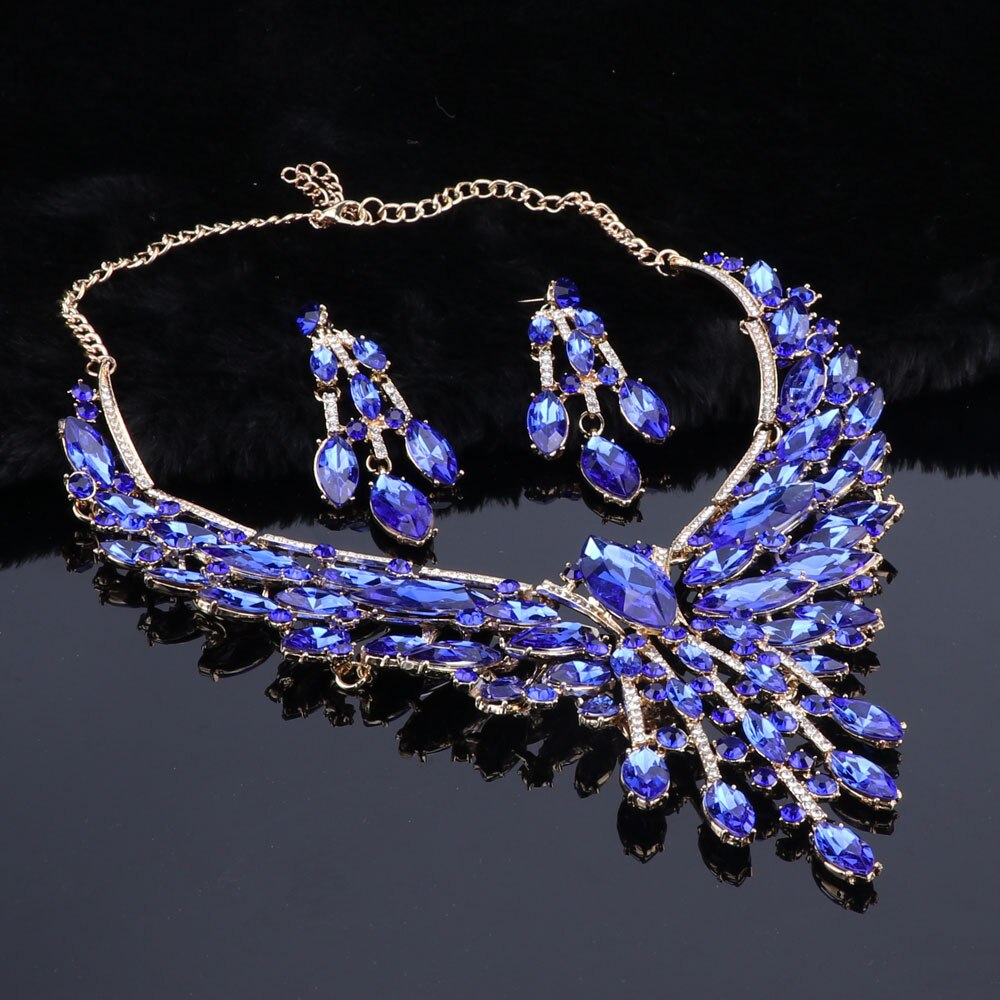 Crystal Bridal Jewelry Sets Wedding Party Costume Accessory Indian Necklace Earrings Set for Bride GorgeousJewellery Sets Women: Light Yellow Gold Color