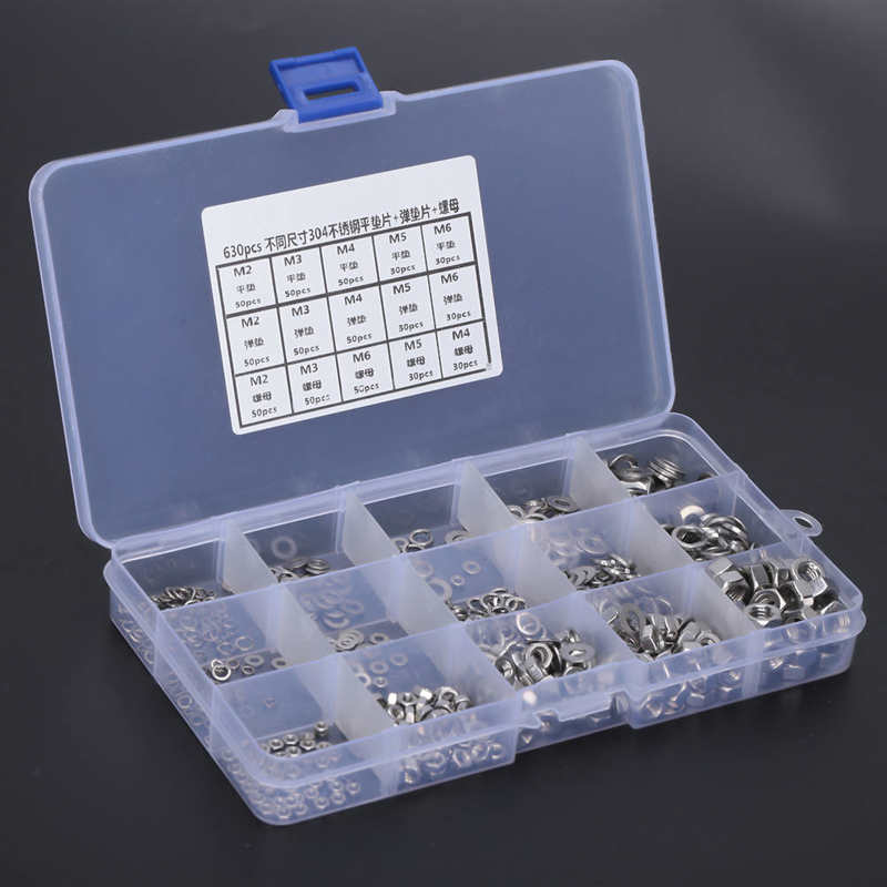 Stainless steel washer + spring + nut assortment Kit Pack with 630 M2 M3 M4 M6