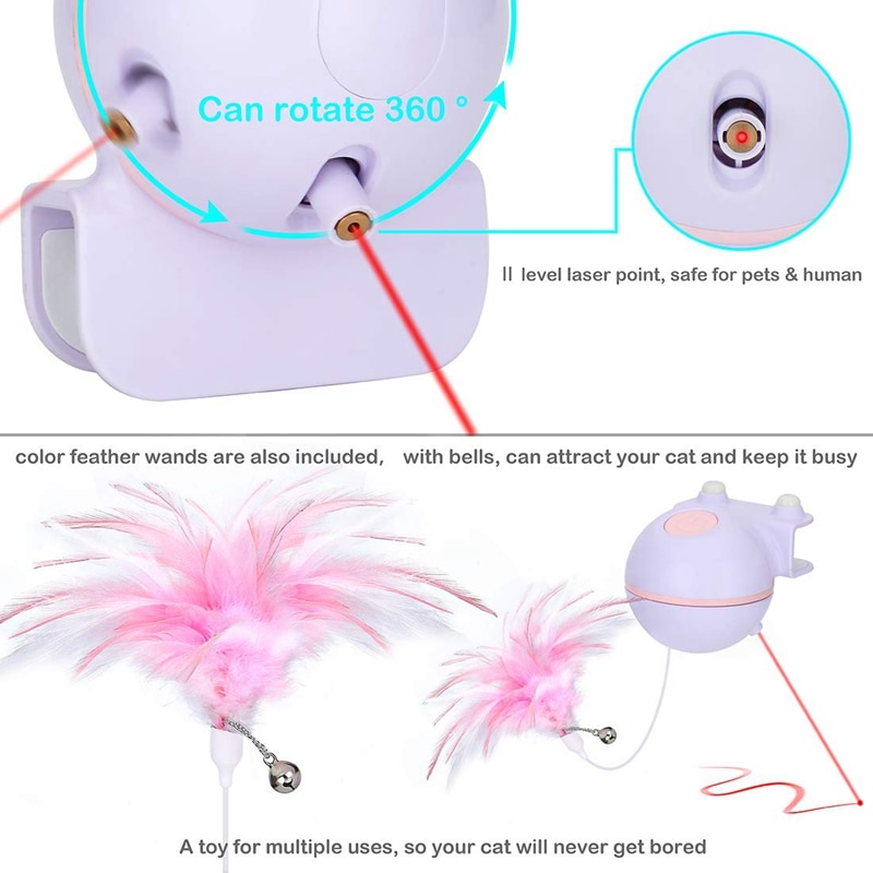 AFBC chat jouet 2 en 1 automatique rotatif pointeur jouet et interactif plume jouet avec cloche pour arbre à chat, chasse mains libres électronique