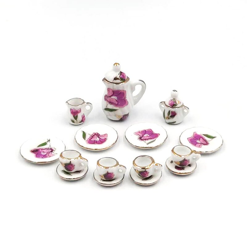 15pcs 1:12 Mini Porcelain Tea Cup Set China Flower Tableware Kitchen Doll House Scene Model Play House Toys: L