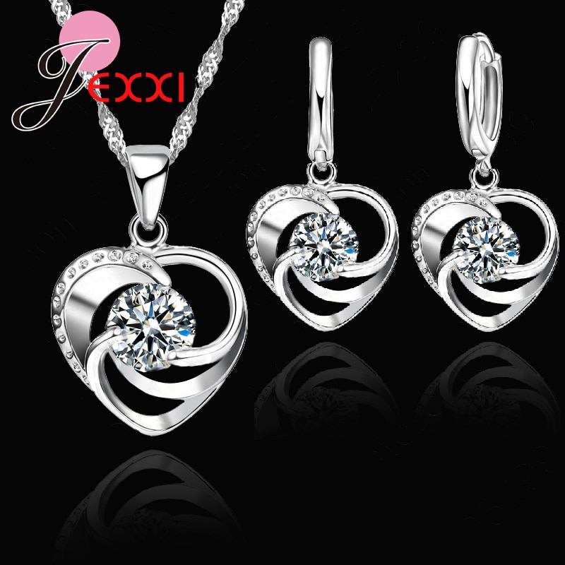 925 Sterling Silver Wedding Jewelry Set Necklace Earrings For Women Crystal Heart LOVE Anniversary