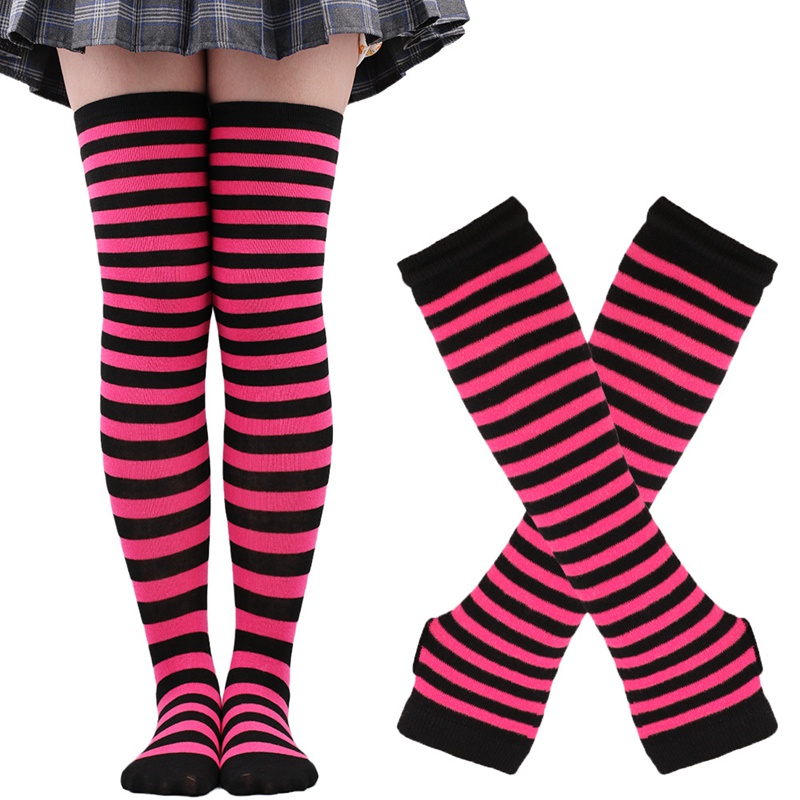 1 Set Women Gothic Punk Over Knee Long Stripe Socks Arm Sleeve Gloves for Girl Thigh High Cotton Socks Sweet Cute Christmas: plum