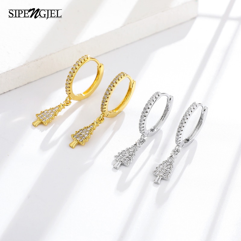 Cubic Zircon Christmas Tree Hoop Earrings For Women Christmas Jewelry Cute Accessories