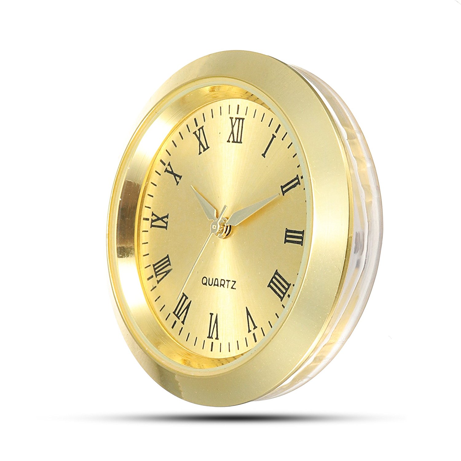 Mini Clock Insert Quartz Movement Round 1 7/16" (35mm) Miniature Clock Fit Up Gold Tone Dial and Bezel Roman Numerals