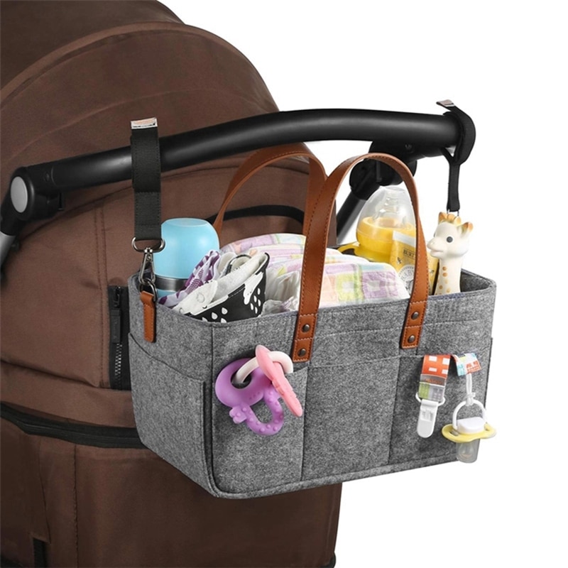 Gray Felt Stroller Bag Diaper Caddy Organizer Cup Holder Shower Basket Portable Nursery Storage Bin Car Storage Tote Bag For Toy