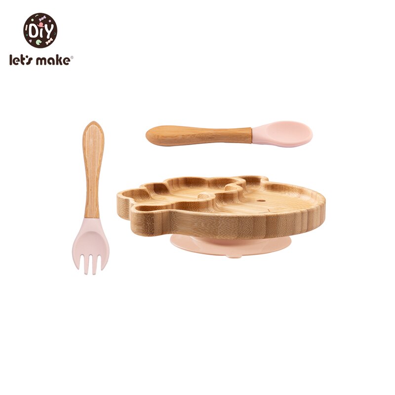Let&#39;s Make Baby Dinner Plates Set Wooden Cartoon Dinner Plate Fork Spoon Children Feeding Plate Safe Edible Silicone Product: Set 7