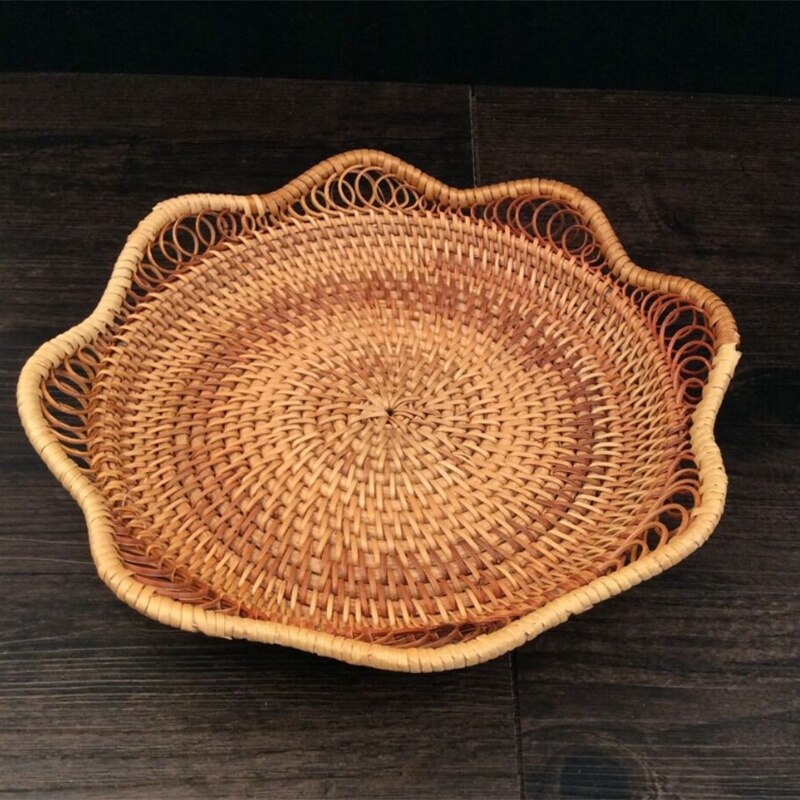Handmade Wicker Woven Storage Basket,8.6 X 2 Inch Restaurant Bread Basket Fruit Vegetables Food Serving Display Basket